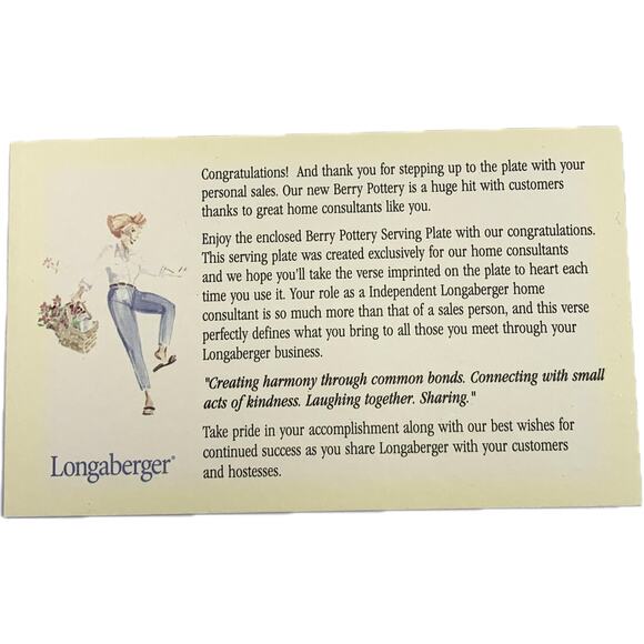 Longaberger BERRY SERVING PLATE w/ Verse 11" Consultant Award Congrats Card NIB - Picture 7 of 9